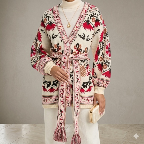 FARM Rio Cardigan Sweater Cashew Mandala Belted V-Neck Exclusive NWT - Picture 2 of 11